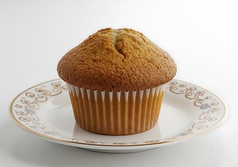 Freshly baked muffin on decorative plate against plain white backdrop