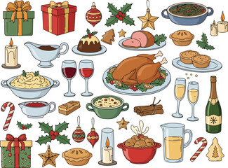 Christmas & New Year Doodle Vector Set. Winter Holiday Party Elements, Table & Home Decor Festive Dinner Celebration Illustrations