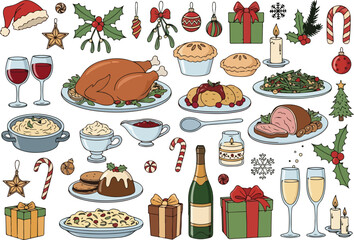 Christmas & New Year Doodle Vector Set. Winter Holiday Party Elements, Table & Home Decor Festive Dinner Celebration Illustrations