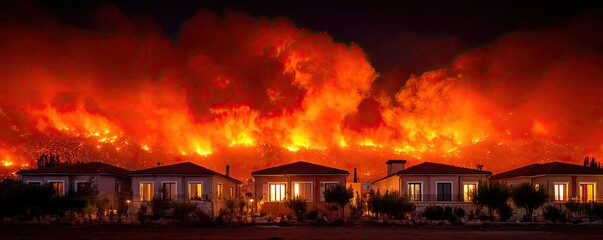 Nighttime neighborhood consumed by raging wildfire concept. Dramatic wildfire scene threatening residential homes at night.