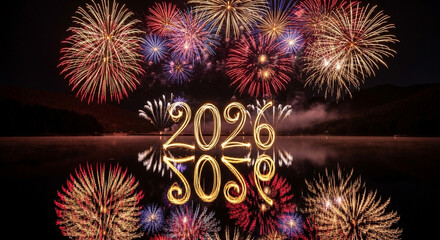 Spectacular fireworks display illuminating the night sky with vibrant colors and reflections on the water, celebrating the arrival of the year 2026