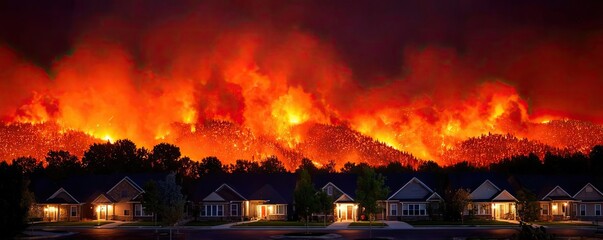 Nighttime neighborhood consumed by raging wildfire concept. A dramatic wildfire engulfing mountains near residential homes.