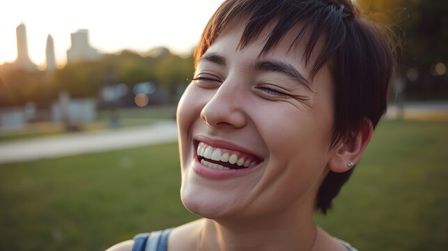 Radiant candid outdoor portrait of a joyful young woman laughing freely in warm natural sunlight, capturing genuine emotion, expressive energy, and serene park atmosphere in a soft golden setting - Powered by Adobe