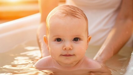 A baby enjoys a bath, surrounded by warm light, with a serene expression and gentle water ripples.