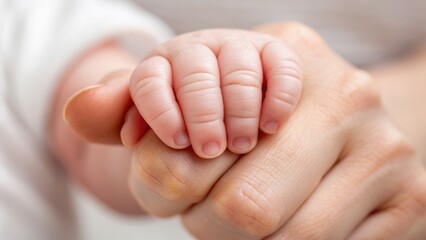 A close-up of a baby's hand grasping an adult's finger, symbolizing connection and tenderness between generations.