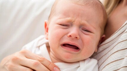 A crying baby being comforted in a caregiver's arms, expressing distress and emotion.