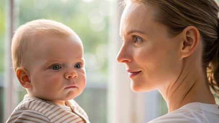 A mother gazes at her baby, both illuminated by soft natural light, capturing a tender and intimate moment between them.