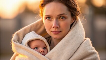 A woman holds a baby wrapped in a blanket, both appearing serene against a warm, blurred background, radiating warmth and tenderness.