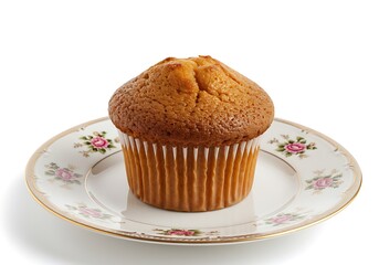 Golden brown muffin on a decorative plate against a clean white background