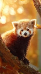 Fototapeta premium Close-up of a Red Panda Cub Sitting on a Branch in Golden Light