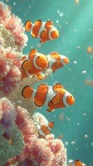 Clownfish School Swimming Near Coral Reef, Underwater Marine Life