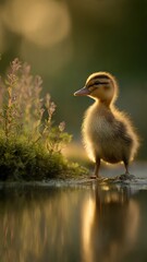 Obraz premium Cute Brown Duckling Standing By Water, Golden Hour Light