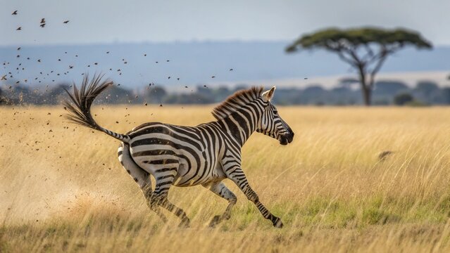 Dynamic zebra galloping across golden savannah with dust kicking up in its wake
