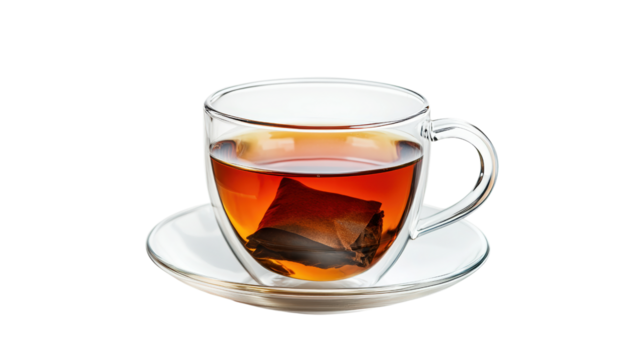 Glass teacup with teabag isolated on a transparent background