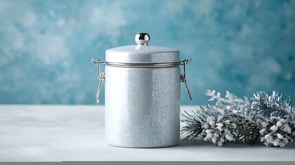 wintry festive jar with metal hooks, tinsel fringe, gloss finish with elegant decor.