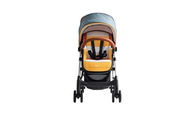 Colorful modern baby stroller shown in clean front view for display.