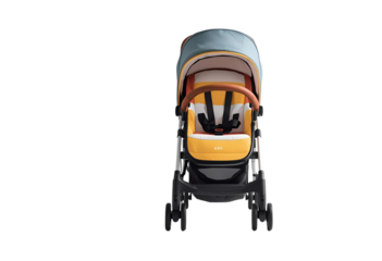 Colorful modern baby stroller shown in clean front view for display.