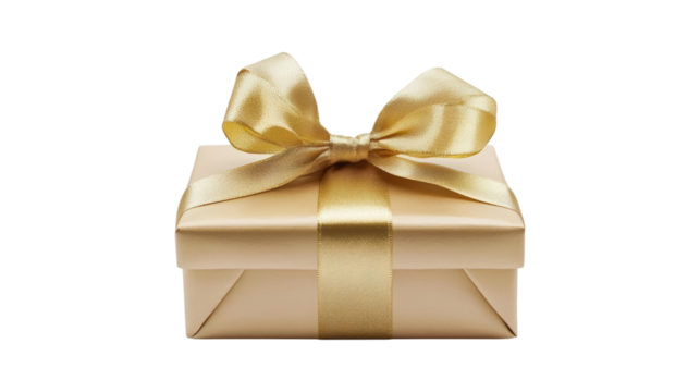 Golden gift box with satin ribbon isolated on a transparent background