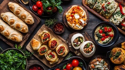 Fototapeta premium Variety of wholesome healthy food including stuffed rolls