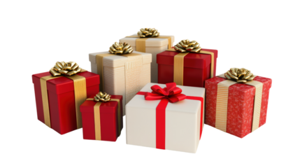 Group of gift boxes with gold and red ribbons isolated on a transparent background