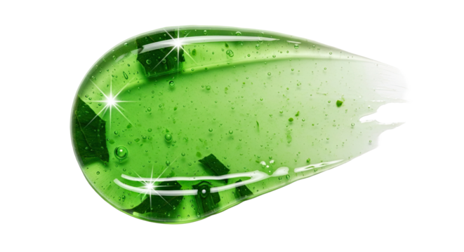 Green botanical cosmetic gel smear with light reflections over white base