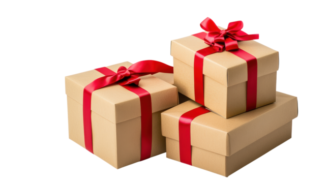 Kraft gift boxes with red ribbon isolated on a transparent background - Powered by Adobe