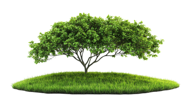 Lush green tree on grassy mound isolated on a transparent background - Powered by Adobe