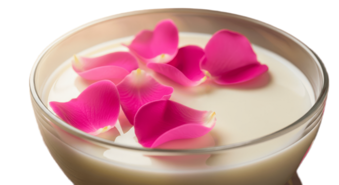 "Elegant Cream Dessert with Rose Petals - Silky Smooth Custard or Mousse Topped with Delicate Pink Flower Petals Perfect for Romantic Occasions and Spa Experiences"

