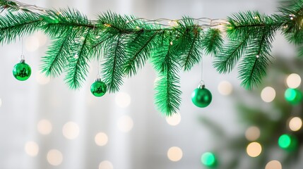 Close-up of green Christmas tree branches adorned with various sizes of green ornaments and garlands, with soft bokeh lights, against a clean white wall background. Holiday decoration concept.