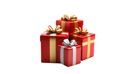Red gift boxes with gold and silver ribbons isolated on a transparent background