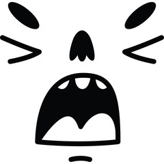 Simple Black And White Cartoon Face Expressing Loud Screaming Or Yelling With Wide Open Mouth And Closed Eyes Isolated On Transparent Background