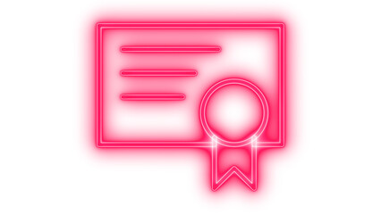 Modern glowing neon pink certificate or diploma icon with a decorative ribbon seal, symbolizing achievement, education, and official recognition, isolated on transparent background.