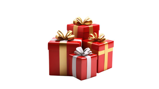 Red gift boxes with gold and silver ribbons isolated on a transparent background