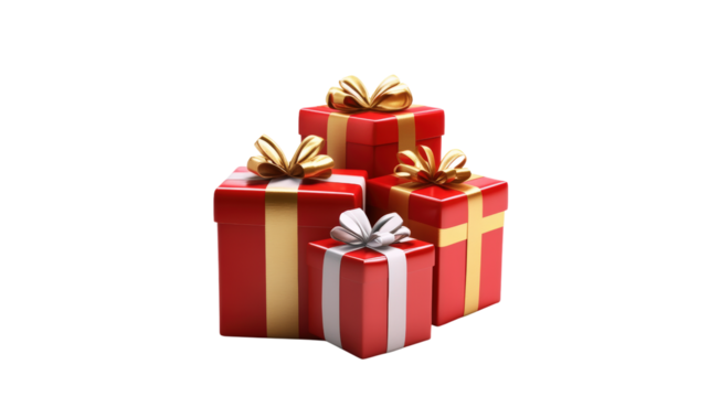 Red gift boxes with gold and silver ribbons isolated on a transparent background