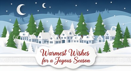 Paper cut winter village scene with text Warmest Wishes for a Joyous Season holiday banner