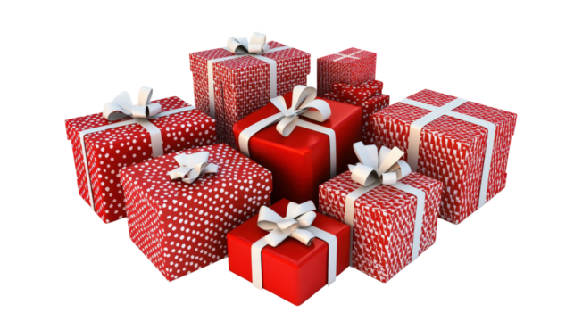 Red gift boxes with white ribbons isolated on a transparent background