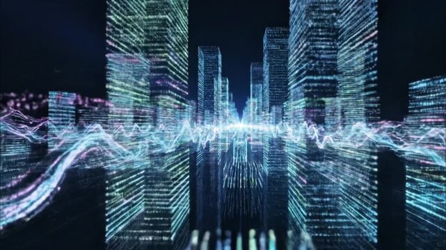 Futuristic Digital Cityscape of Wireframe Skyscrapers and Abstract Data Flow: Modern Technology, Smart City, and Communication Concept Background