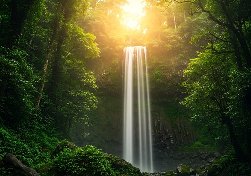 Lush waterfall in dense forest with bright sunlight and green foliage
