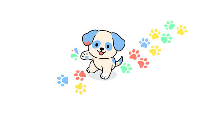 Adorable cartoon puppy leaving colorful paw prints, perfect for playful designs and children's themes, radiating joy and innocence.