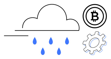 Cloud releasing blue droplets next to Bitcoin and a gear, symbolizing cloud computing, cryptocurrency, and innovation. Ideal for technology, blockchain, finance, data, economy automation