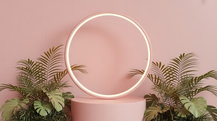 Illuminated circular ring on a pink podium with lush green tropical plants display stage