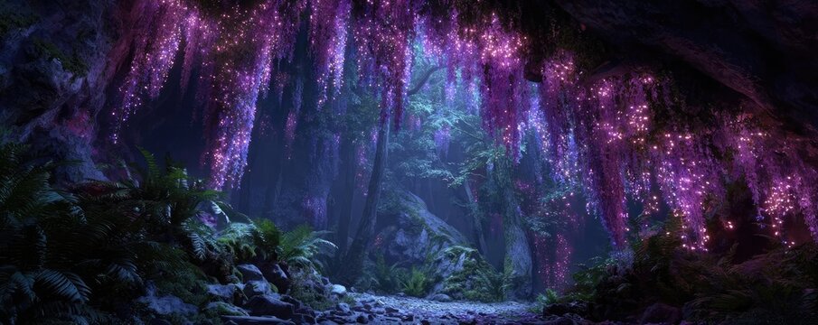 Magical forest cave with glowing vines concept. A magical cave adorned with vibrant purple flowering vines.