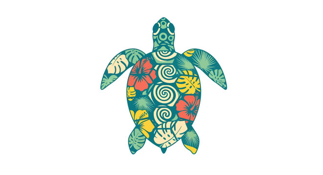 Vibrant tropical sea turtle adorned with hibiscus flowers and monstera leaves brings island vibes to any design project. - Powered by Adobe