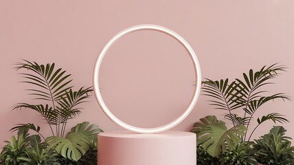 Pink Pedestal With Neon Ring And Tropical Plants On Pink Background podium display