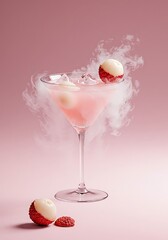 Elegant cocktail with lychee and smoke against pink background