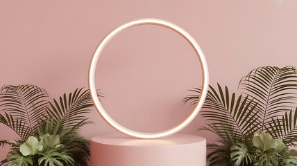 Pink Pedestal With Neon Ring And Tropical Plants On Pink Background podium display