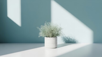 Potted plant casting sharp shadows on a light blue wall and white surface green foliage