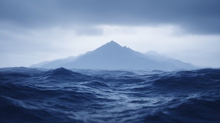 A distant mountain peak seen through the waves of an ocean. Misty, gloomy, dull weather conditions. Dark blue sea. Element. Ferocious, turbulent waters
