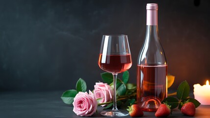 Rose wine in a glass and bottle with pink roses and strawberries on a dark surface Keywords: rose wine, wine glass, wine bottle, pink roses, strawberries, fruit, beverage, alcohol, drink, romantic