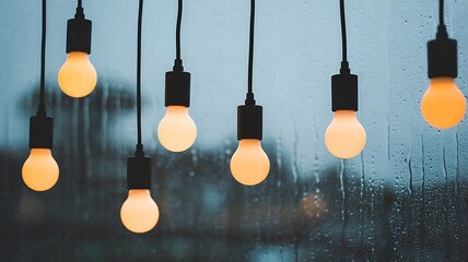 Row of glowing Edison bulbs hanging against a rainy window with water droplets Keywords: light bulb, hanging light, edison bulb, incandescent, filament, warm light, orange glow, dark background
